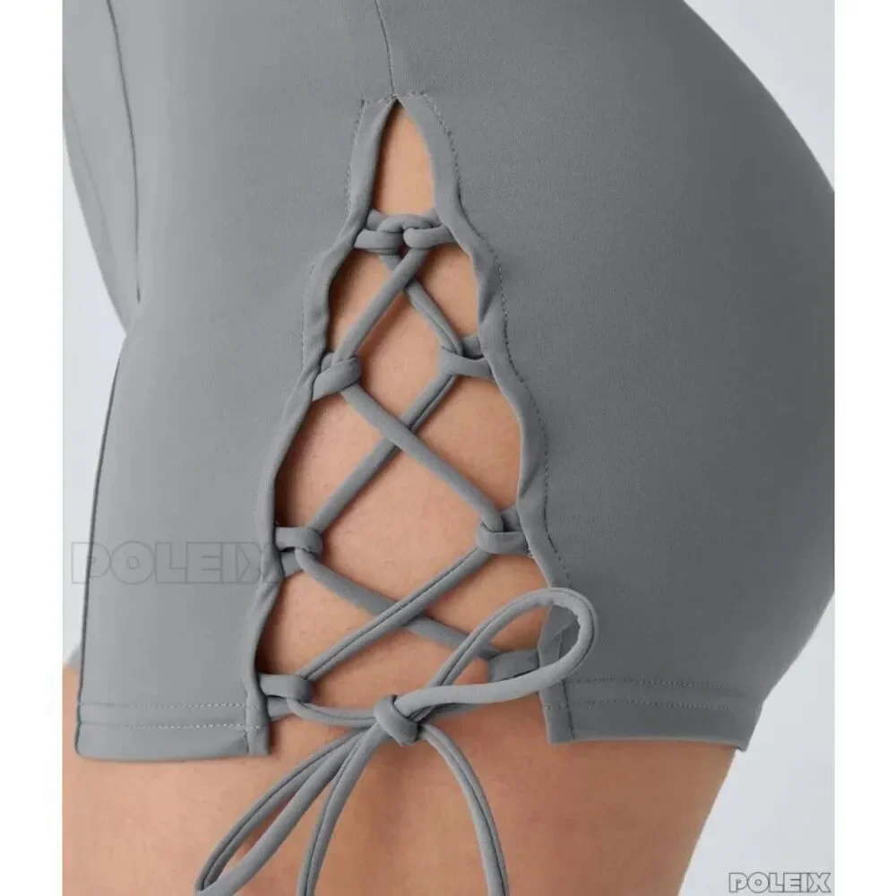 Halara Gray Lace Up High Waisted Shorts Side Tie Stretch Size L NWT